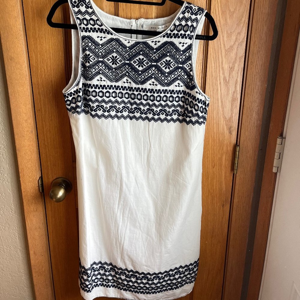 Max Studio Sleeveless White Dress with Navy Blue Eyelet Embroidery Details